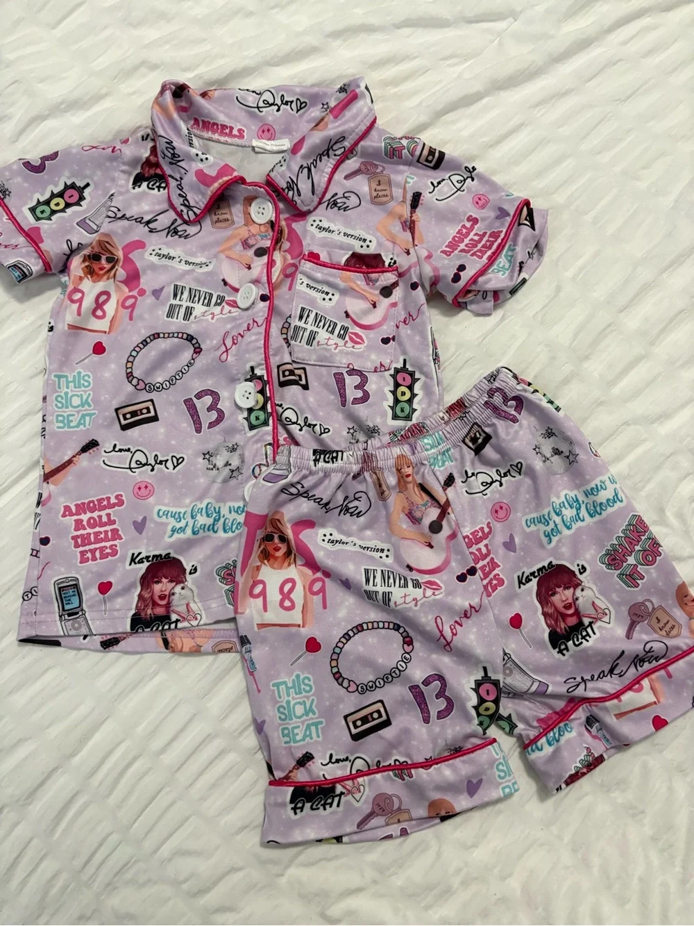 Taylor Swift Light Pink and Purple Graphic Short Pajama Set for Kids